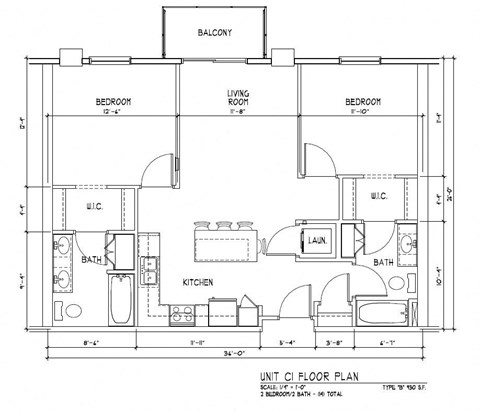 A floor plan of a unit with a living room, two bedrooms, a kitchen, a bathroom, and a laundry area.